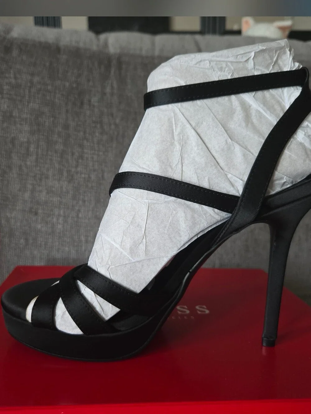 GUESS Levinna Black Satin High Heel Strappy Sandals